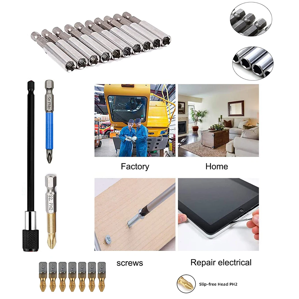 

Screwdriver Bits Set Anti Slip PH2 Head 1/4 Hex Shank S2 High Grade Steel with Titanium Coating Holder Extension for Screwdriver
