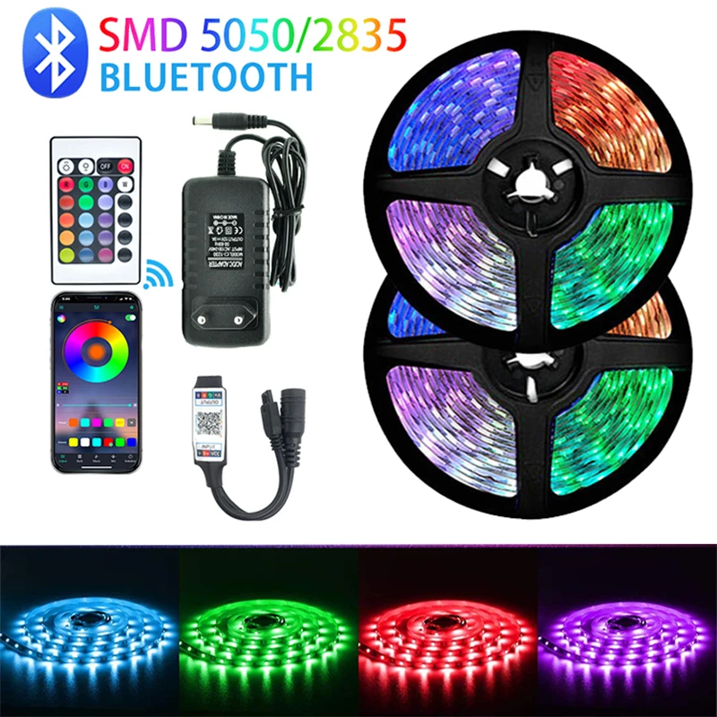 

RGB 5050 Luces Led 24KEY LED Strips Lights Bluetooth Flexible Waterproof Tape Diode 5M10M Remote Control Adapter Home Decoration