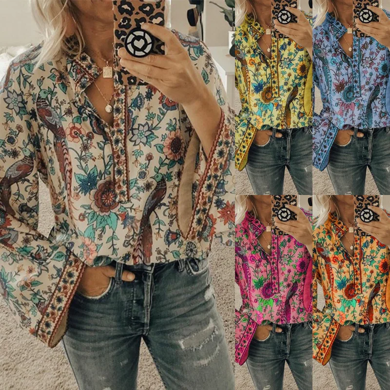 

2020 Autumn New Peacock Printings Loose Shirt Button Long-Sleeved Shirt Pullover Women's Top plus size clothing for women S-5XL