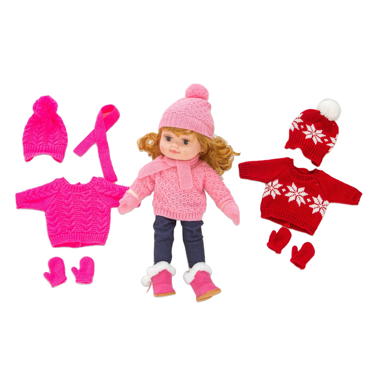 

3 Sets Knitted Sweater Pants Boots Gloves Scarf Hat for 43cm Doll Wint