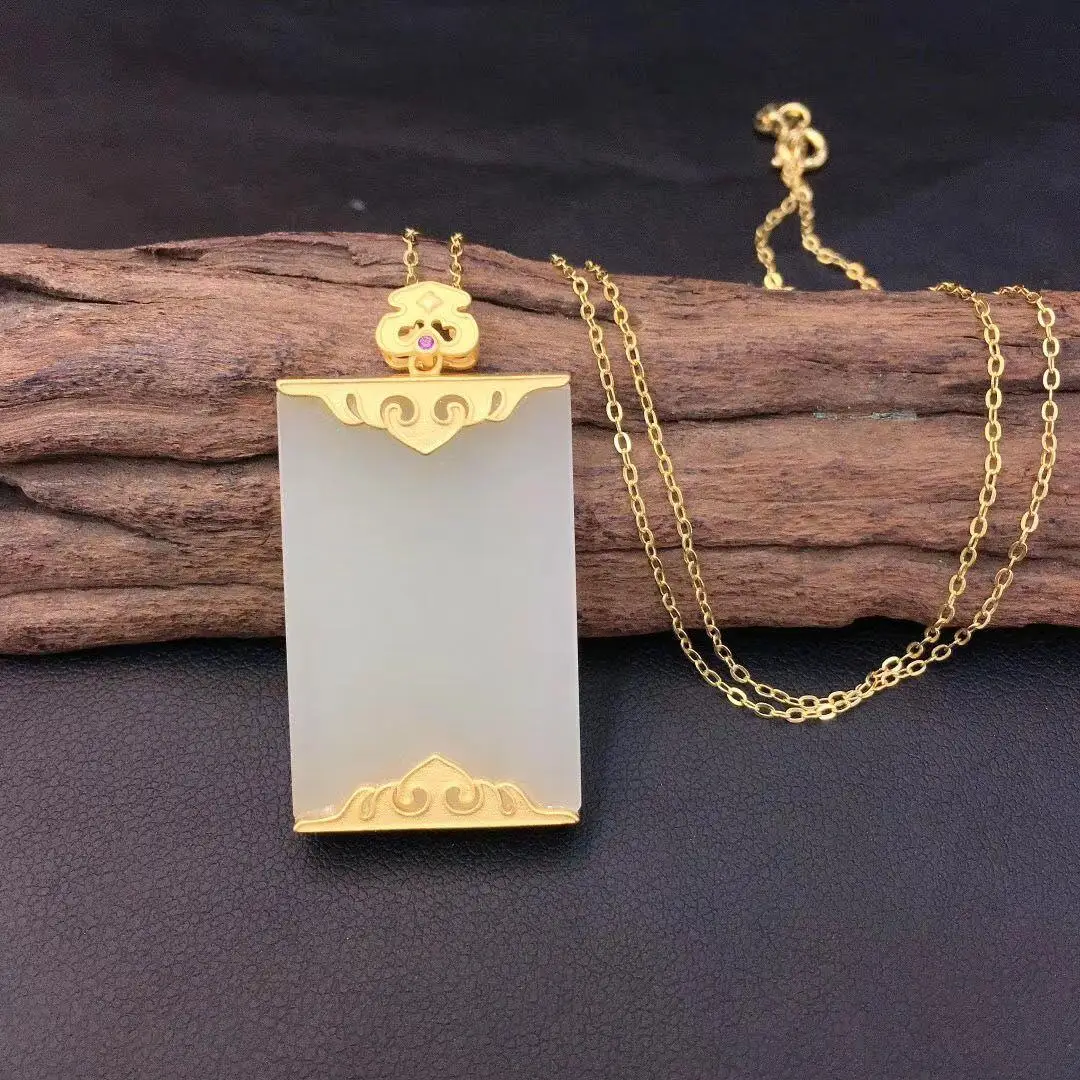 

S925 Sterling Silver Hetian Jade White Jade Tranquility and Peace Plate Pendant Jasper Men's and Women's Necklace Jasper Penda