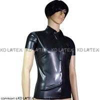 black sexy latex military uniform with buttons pocket at front rubber shirt yf 0033
