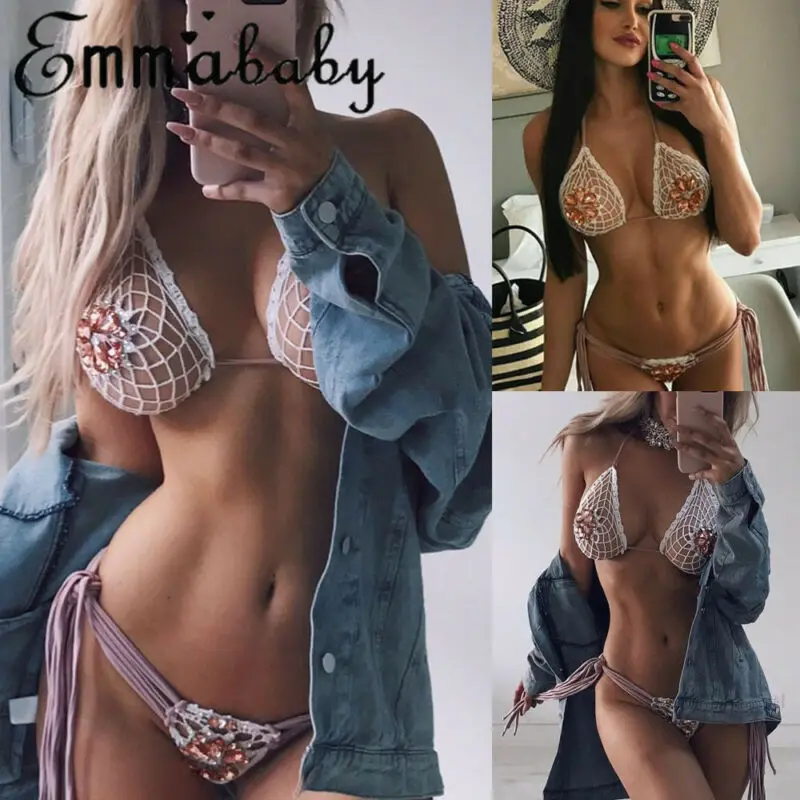 

Womens Crystal Bikini Set Bandage Push-Up Swimwear Swimsuit Bathing Brazilian