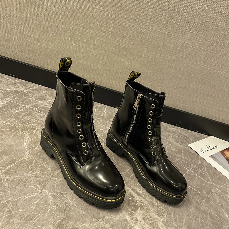 

Autumn Winter women snow boots women pu Leather Casual flats lace-up combat motorcycle boots women shoes Ankle botas