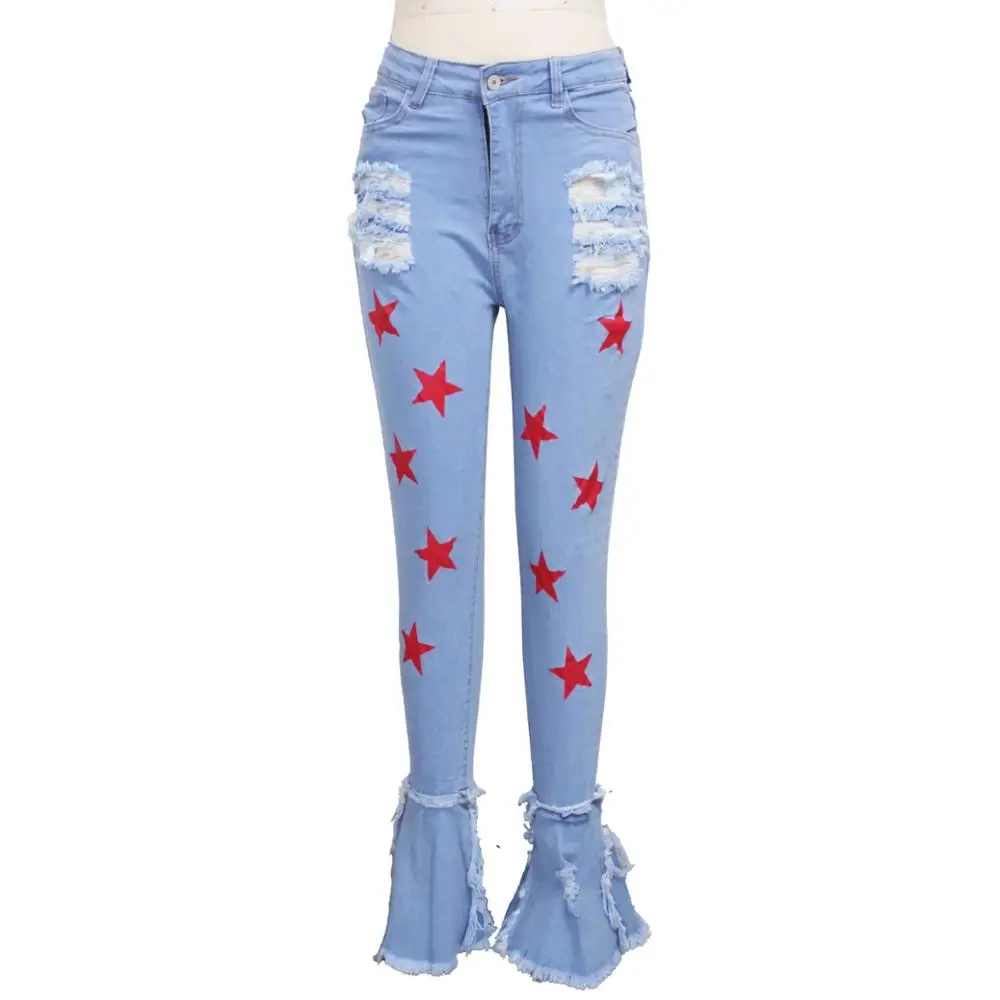 Женские джинсы повседневные расклешенные со звездным принтом и дырками женские