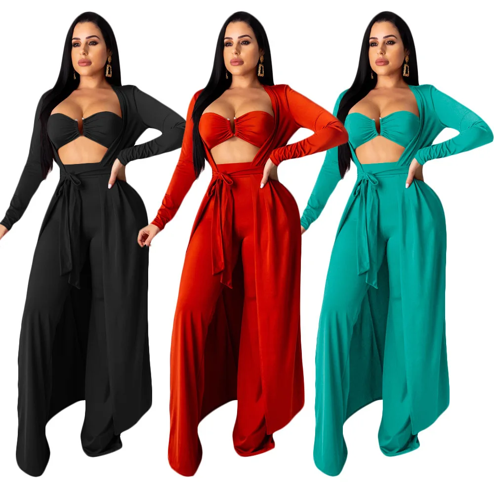 

28S390215 Autumn Women Casual Fashion Sexy Solid Three-piece Long-sleeved Cloak Vest Pants Hot
