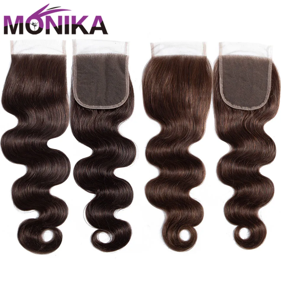 Monika закрытие волос 2#4# коричневые волосы бразильские объемные волнистые волосы 4x4 швейцарское кружево Закрытие не Remy Закрытие человеческих волос