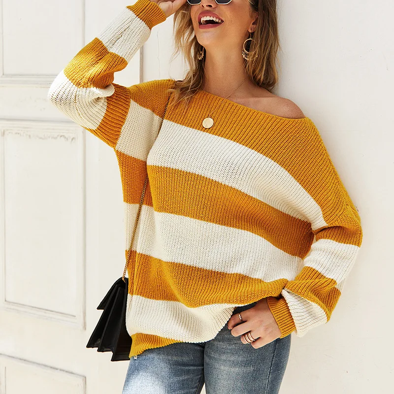 Autumn Women Off The Shoulder Pullovers Jumpers Sexy Striped Sweater Knitted Loose Casual Warm 2019 Mujer Pullover | Женская одежда