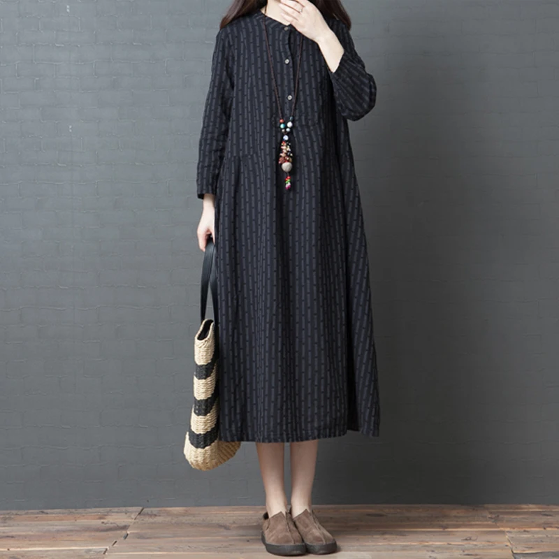 Осеннее платье с длинным рукавом женское винтажное хлопковое льняное в полоску