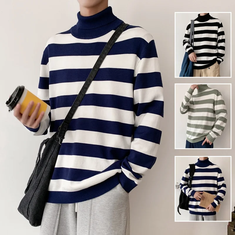 Повседневный свитер с высоким воротником для мужчин и женщин полосатый вязаный