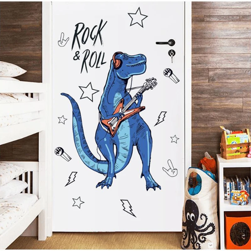 Rock Roll Dinosaur Wall stickers For Kids Room Cartoon Animals Home Decor Art Viny PVC Wallpaper Creative Door Refrigerator Deco
