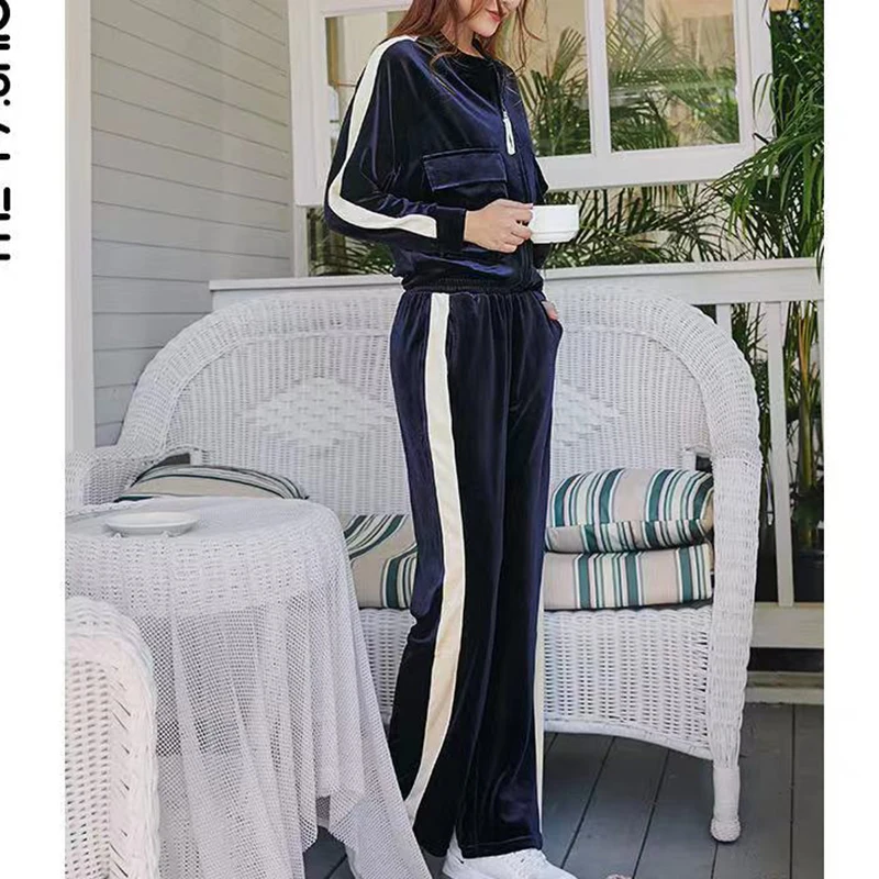 

2021 new ladies sportswear loose casual sports suit thick gold velvet fashion trend long-sleeved trousers two-piece suit