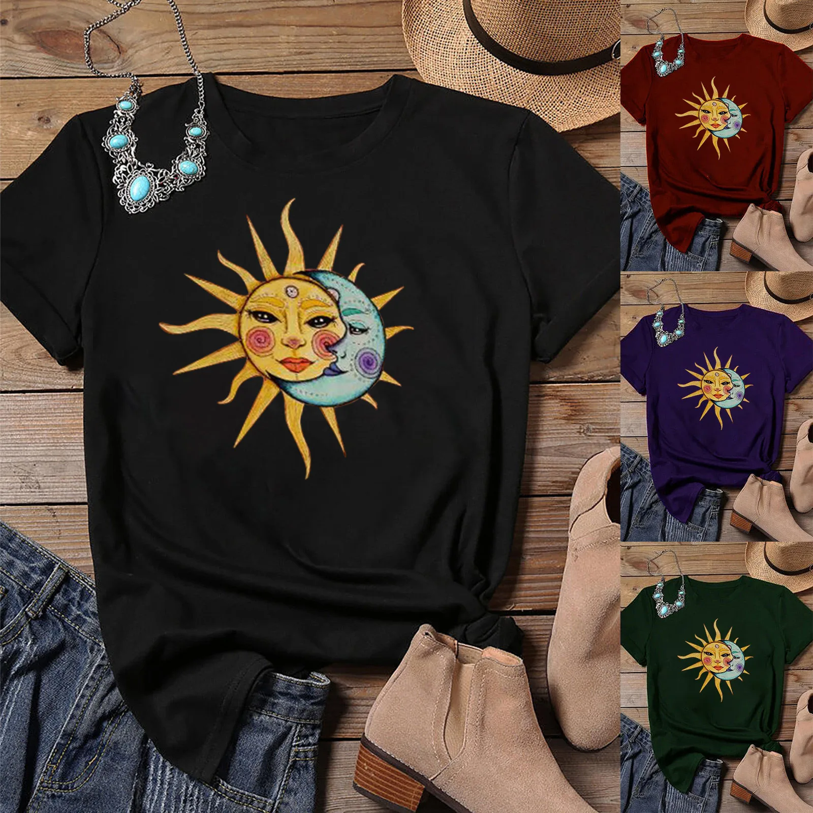 

Sun Moon Print T-shirt Women's Vintage Printed Pattern Casual Fashion Soild Color Short Sleeve Tops #22