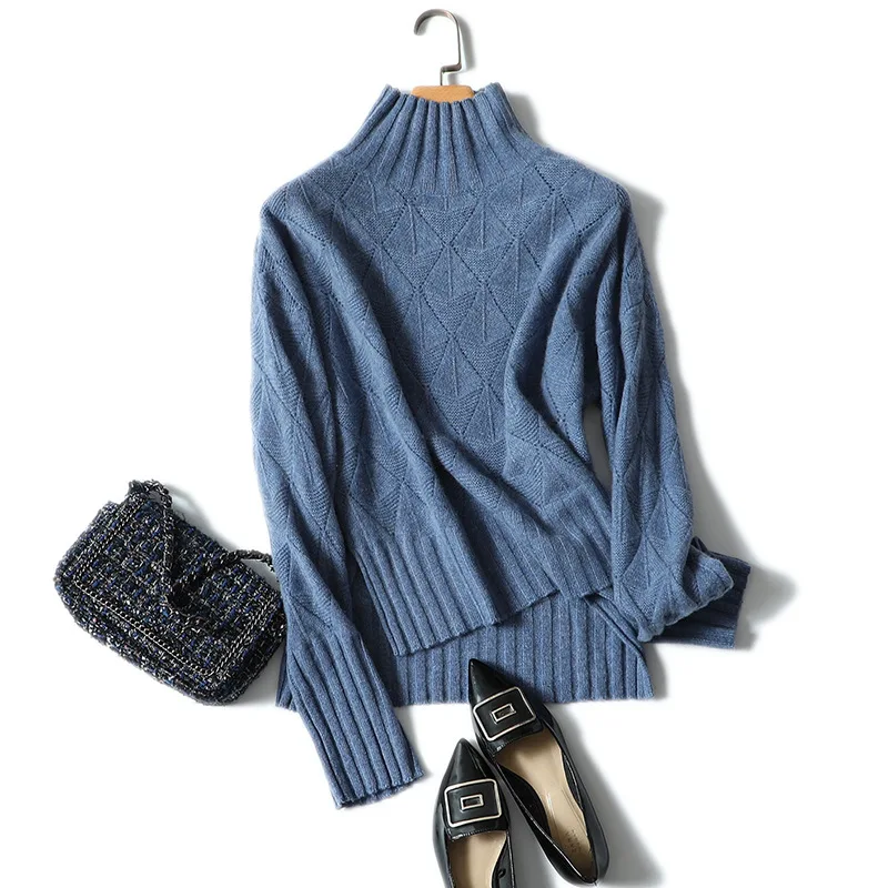 

high quality 100% cashmere turtleneck sweater women's fashion knitted argyle pullovers female large size european brand knitwear