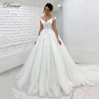Тюлевое свадебное платье принцессы 2022, прозрачное кружевное платье с вырезом и рукавами-крылышками, свадебное платье с аппликацией, свадебное платье со шлейфом