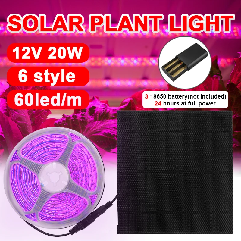 

20W Solar Panel LED Grow Light Strip Full Spectrum Rechargeable Battery LED Phyto Lamps For Plants Greenhouse Hydroponic Growing