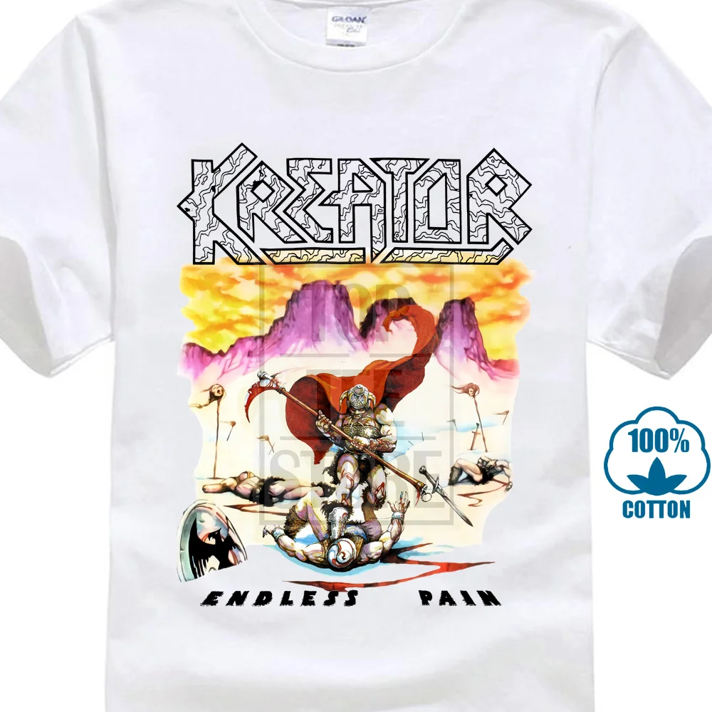 Новая белая футболка Kreator с надписью на тему бесконечной боли разрушения мыла