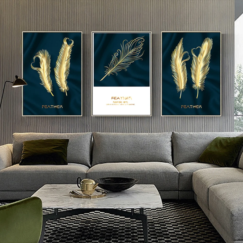 

Personalized Picture Of Gold Feather Heart Landscape Canvas Painting Wall Art Printed For Living Room Wall Home Decor