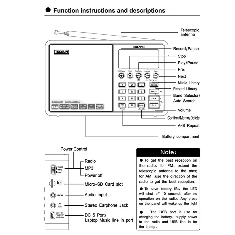 TECSUN ICR-110 FM/AM радио TF карта MP3-плеер рекордер радио FM: 64-108 МГц/AM: 520-1710 кГц FM/AM интернет портативное радио