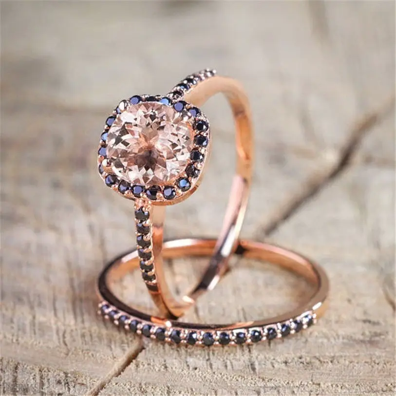 14k покрыто розовым золотом Блек кольцо с бриллиантом натуральный Black Rose кварц