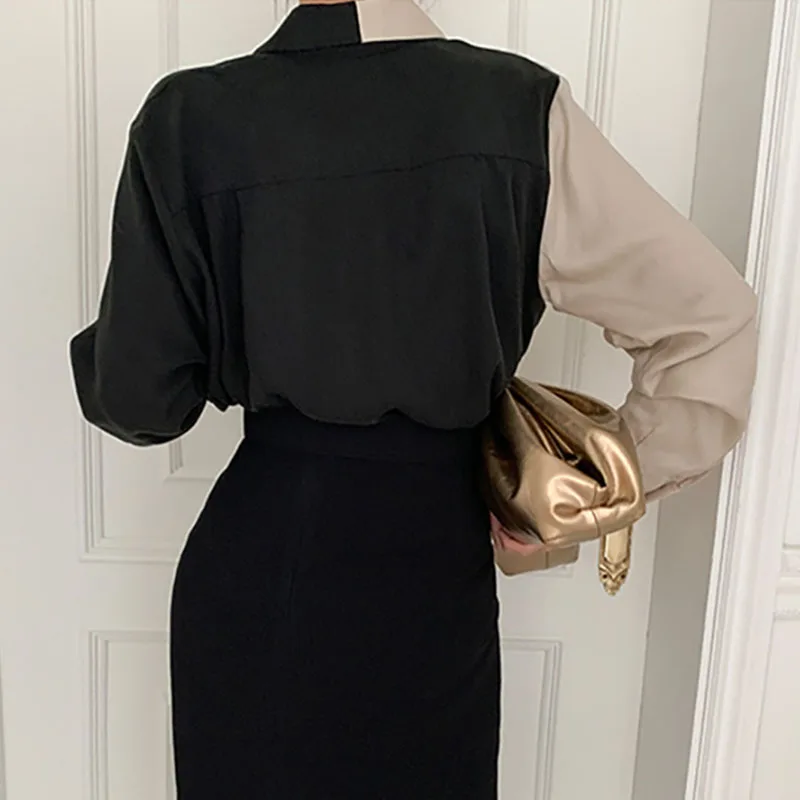 

Patchwork Women Blouse Fashion Office Lady Button Up Turn Down Collar Shirts Casual All Match Long Sleeve Blouses Chemise Femme