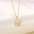 Женское Ожерелье из нержавеющей стали, элегантный кулон золотого цвета с бантом и кристаллами циркония, Свадебная и вечерняя бижутерия
