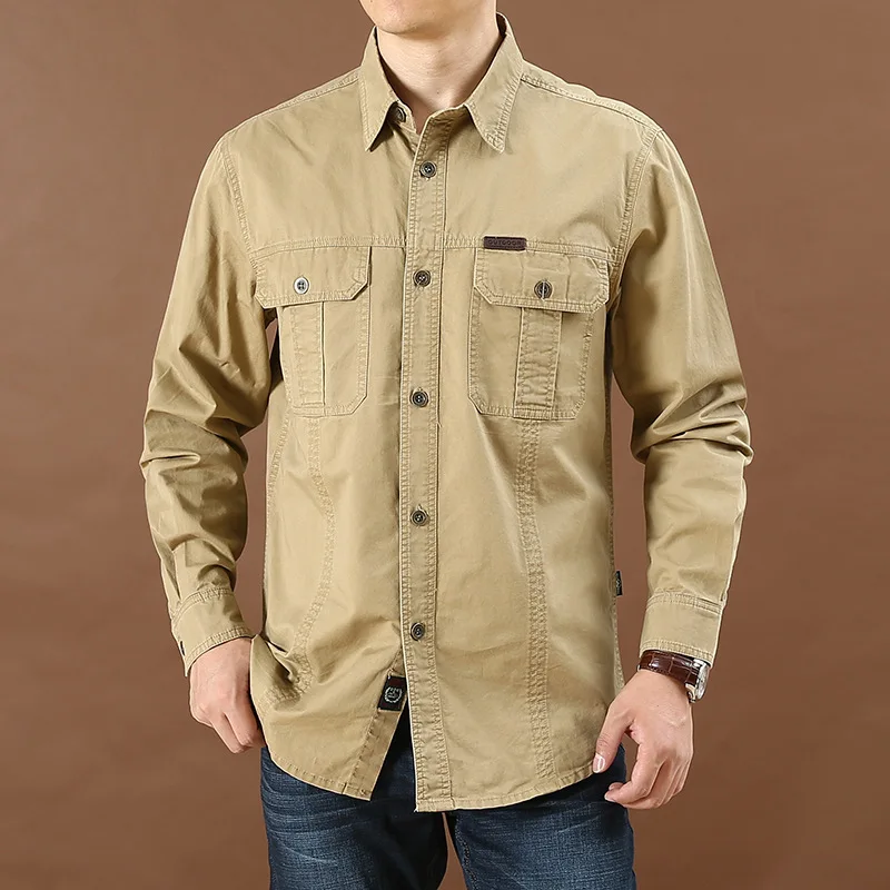 Men's Casual Loose Big Pocket Military Shirts solid Fashion Social Business Shirt men Spring Autumn men's long sleeve shirt