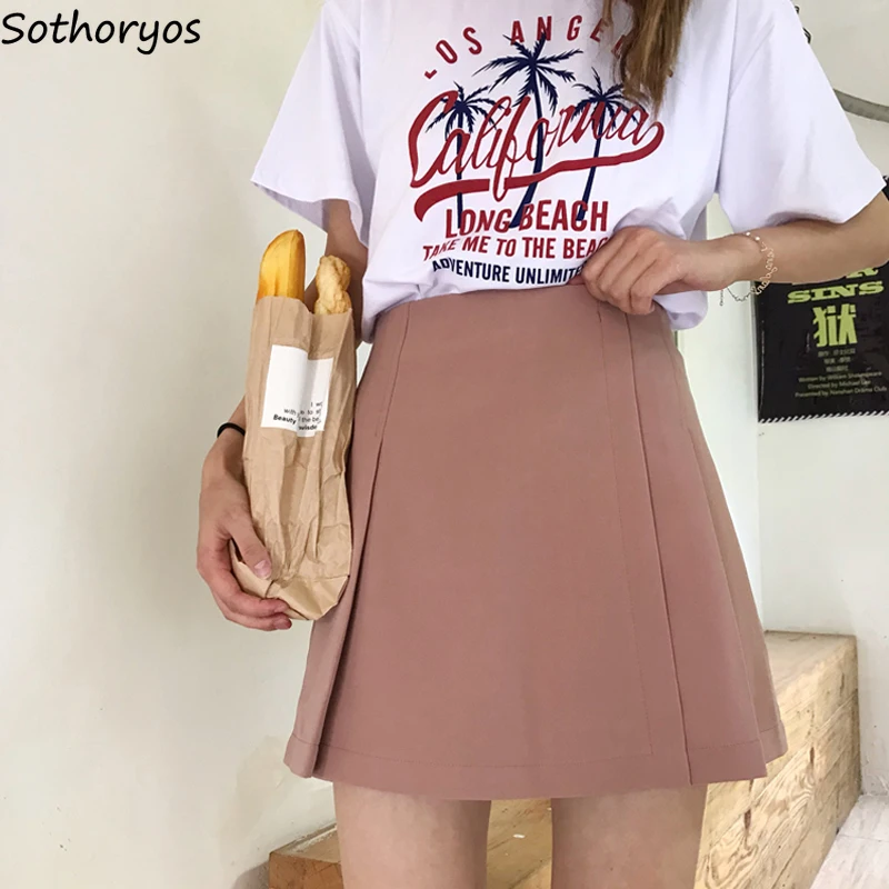 Skirts Women Solid Pink Pleated Skirt Simple All Match Womens High Waist Comfortable Hot Sale Kawaii Korean Style Fashion Mini | Женская