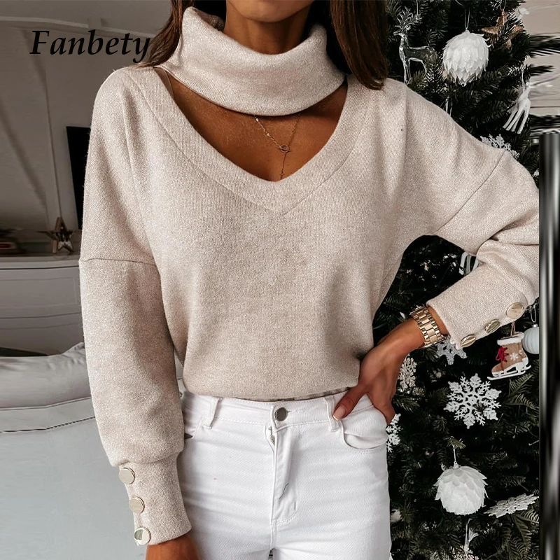 

Элегантные дизайнерские женские топы с V-образным вырезом, рубашки, модная блузка на пуговицах с длинным рукавом, однотонный пуловер, Женска...