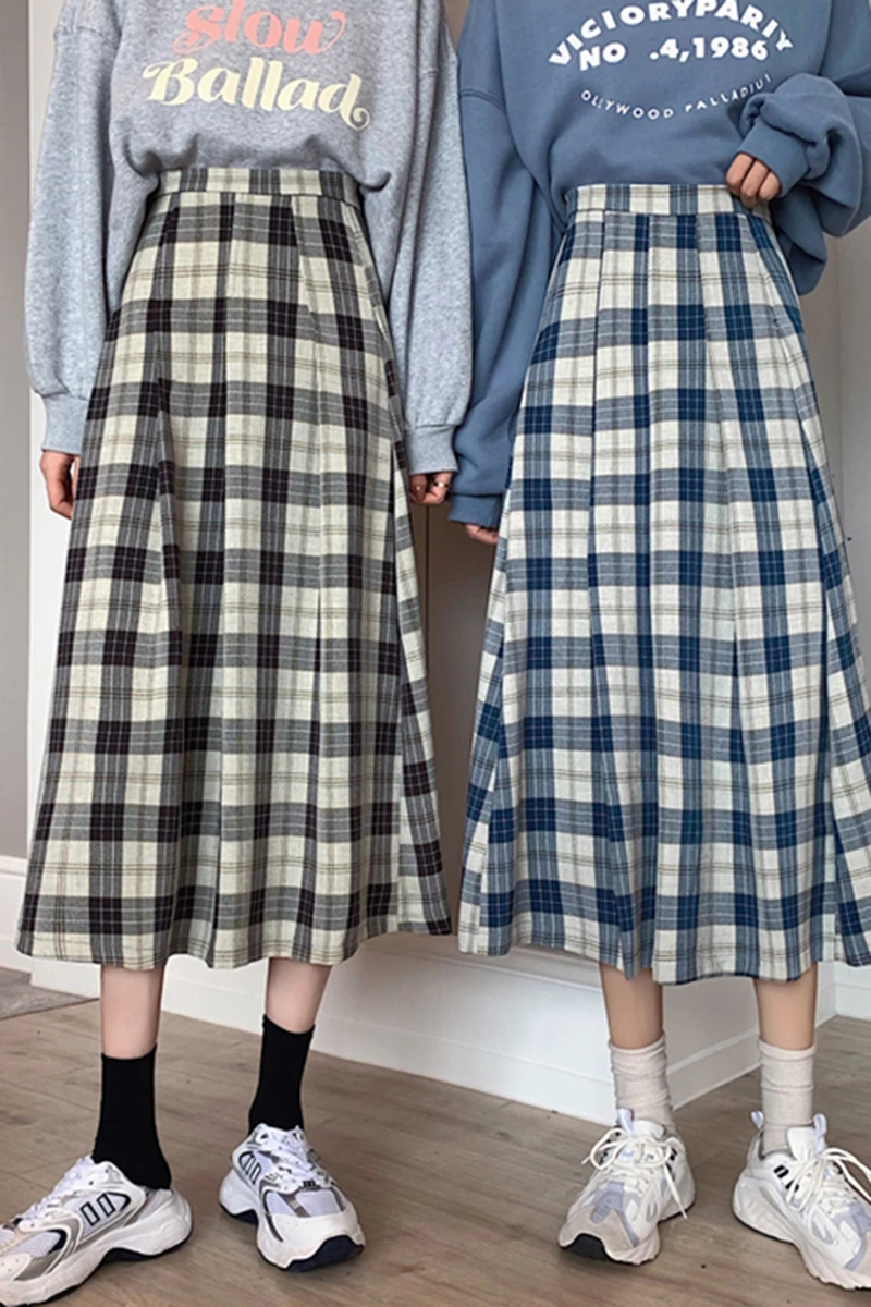 

Plaid pleated skirt female slim skirt high waist plaid all-match mid-length bust A-line skirt