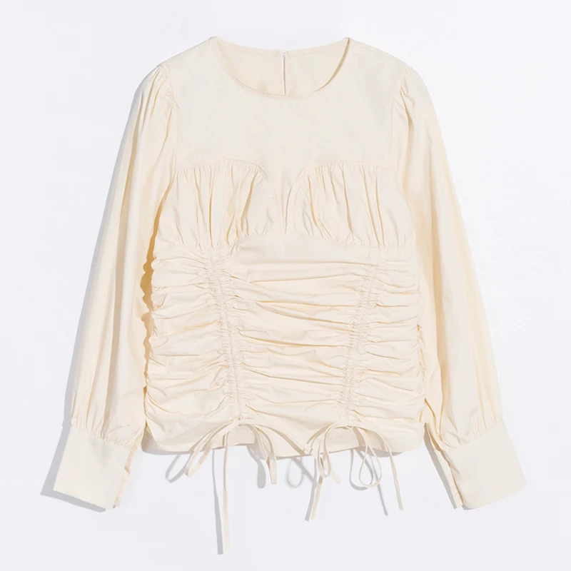Новая Осенняя блузка со складками с пышными рукавами 2019 Модный корейский стиль