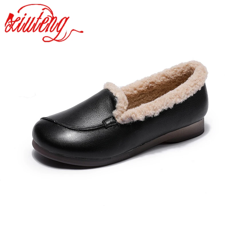 

Xiuteng 2022 Shoes Women Winter Warm Wool Genuine Leather Flat Shoes Casual Loafers Slip on Women's Flats Shoes Moccasins Lady
