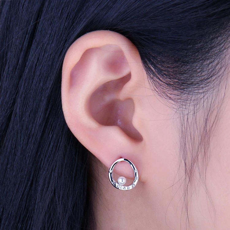 JewelryPalace Modern Art Deco Crystal 3mm Round Shape Shell Pearl Curved Circle Stud Earrings 925 Sterling Silver Trendy Jewelry