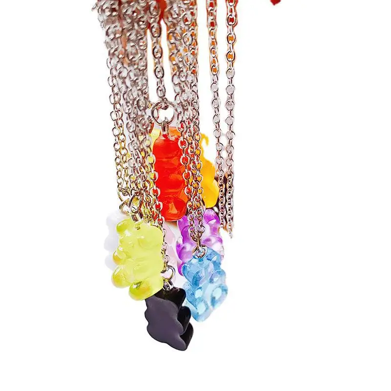 

2PCS Cute Resin Gummy Bear Chain Necklaces Candy Color Pendant For Women Girl's Charm Daily Handmade Jewelry Party Gifts