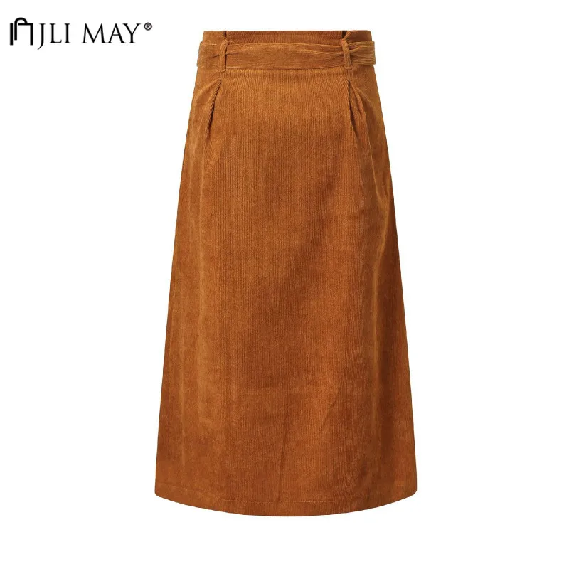 

JLI MAY Women Corduroy Solid Skirt Autumn Winter Casual High Waist Button A-line Mid-Calf Sashe Slim Office Lady Elegant Skirts