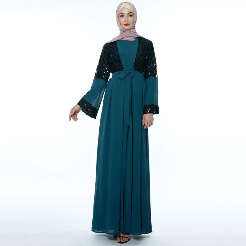 latest Dubai long-sleeved dress Muslim party Abaya ladies Arabian lace cardigan patchwork Turkish Islamic prayer gown robe