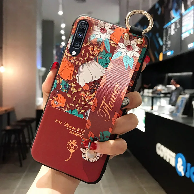 Зеленый Матовый чехол с 3D рельефным цветком для samsung Galaxy S10e S9 S8 S10 Plus Note 8 9, ремешок на руку, мягкий чехол, роскошный чехол с подставкой - Цвет: Зеленый