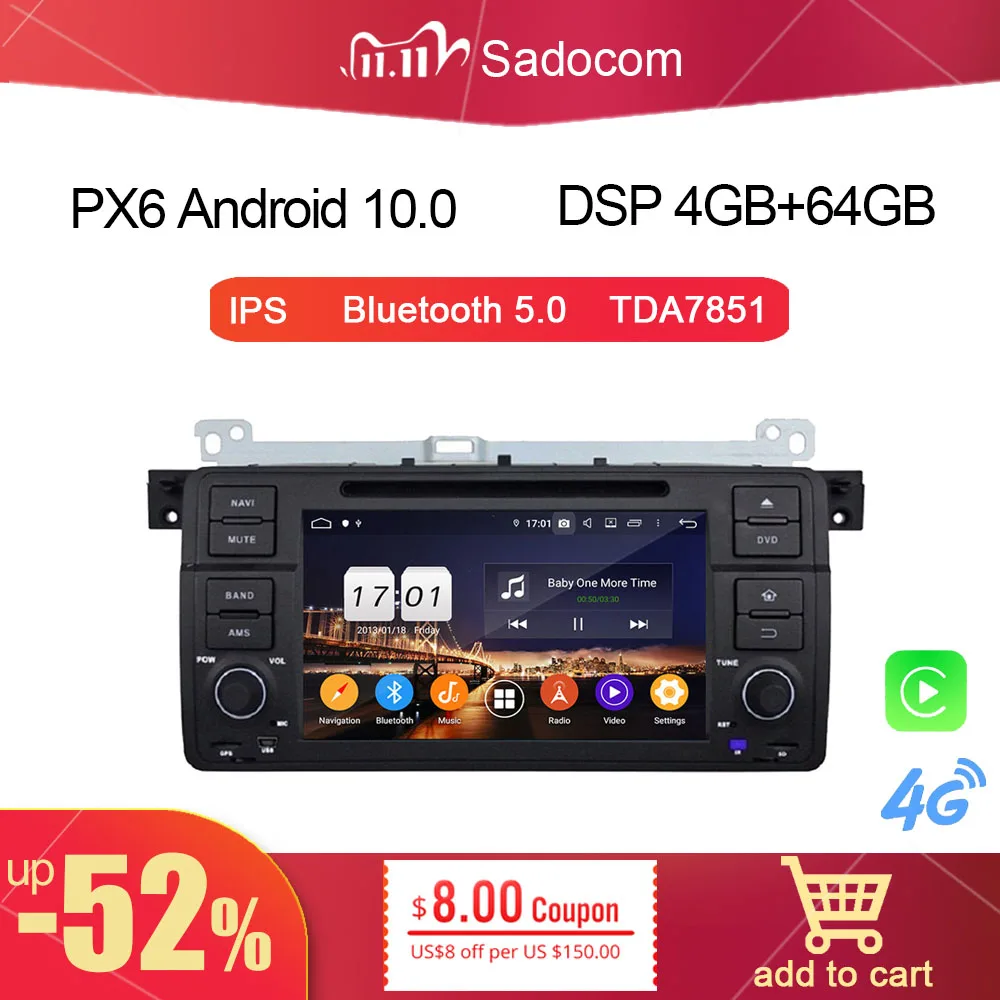 PX6 1 din TDA7851 Android 10 0 8 ядер Bluetooth 5 4 Гб ОЗУ + 64 ПЗУ автомобильный dvd плеер для BMW E46 M3 1998 2005