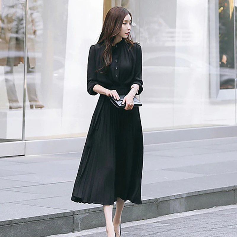 Женское длинное плиссированное платье однотонное Элегантное шифоновое средней