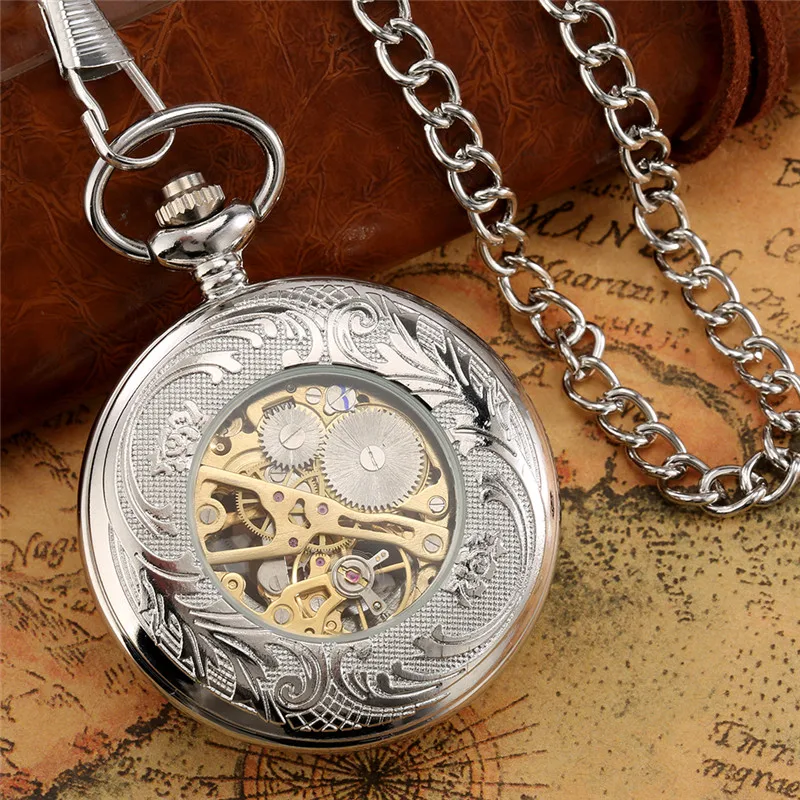 Classical Silver Hollow Out Flower Case Clock Unisex Mechanical Hand Winding Pocket Watch Men Women Skeleton Watches FOB Chain