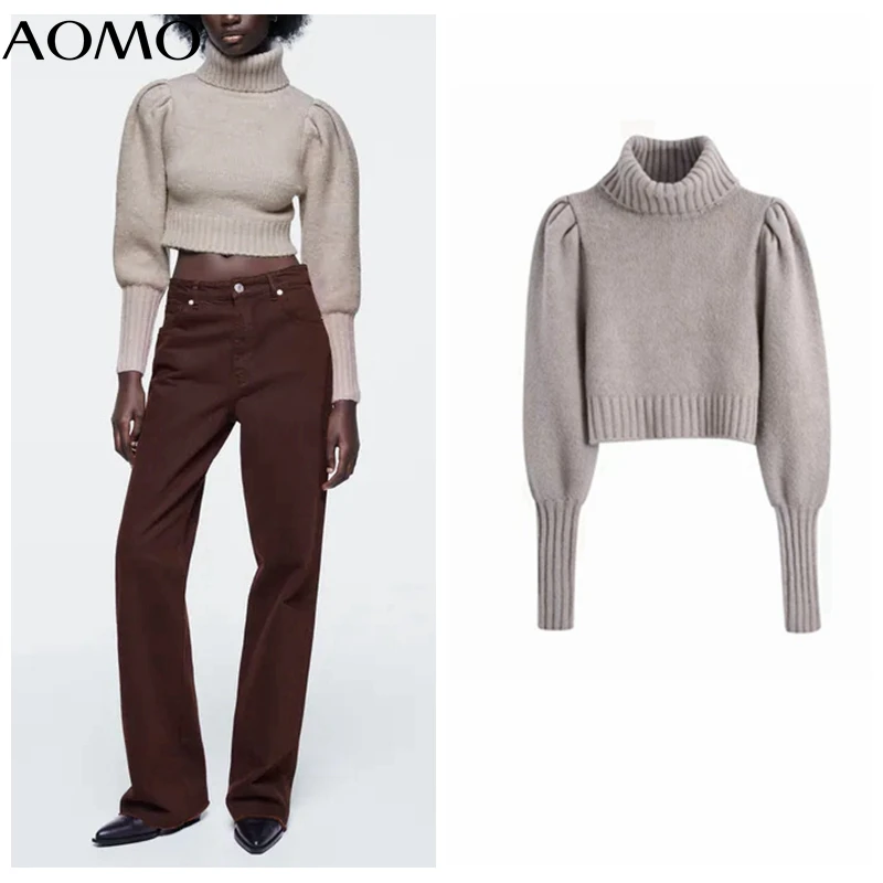 

AOMO Women Fashion Puff Long Sleeve Cropped Knit Sweater Vintage High Neck Female Pullovers Chic Tops BE177A