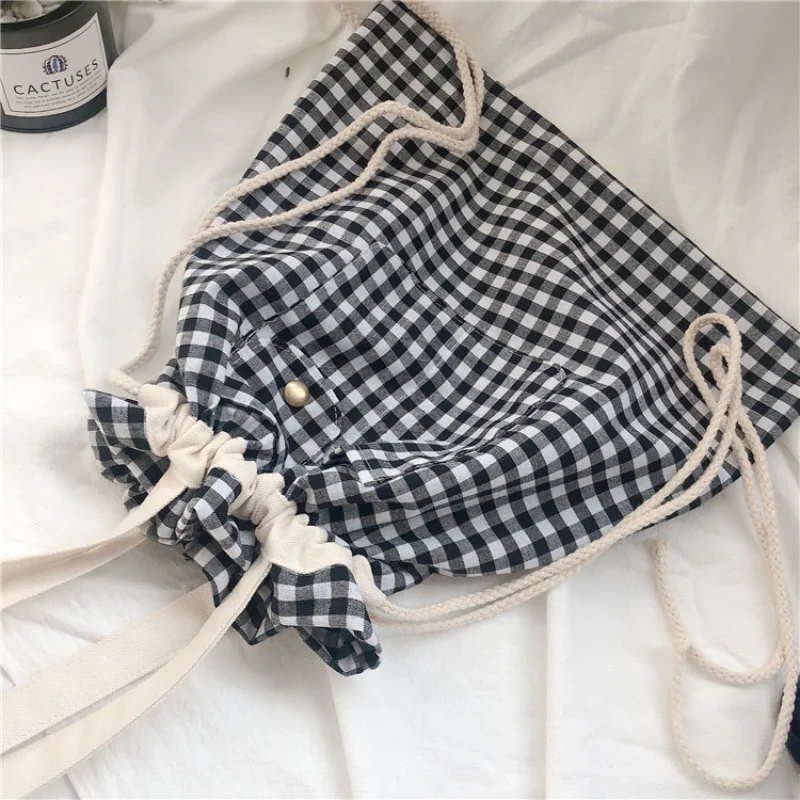

Women Plaid Drawstring Casual Adjustable Large Capacity Shopping Bags Ins Cute Students Shopper Canvas Bag Simple Korean Style
