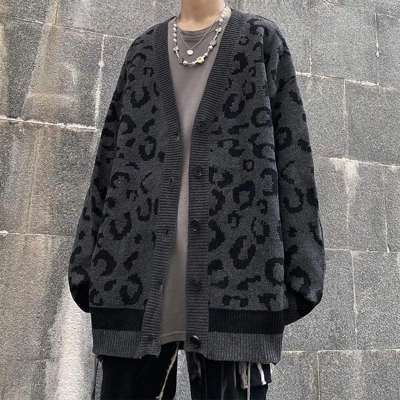 

Leopard Print Long Sleeve Knit Women's Cardigan Loose Drop Shoulder Button Female Cardigans Coat Autumn Streetwear Korean 2021