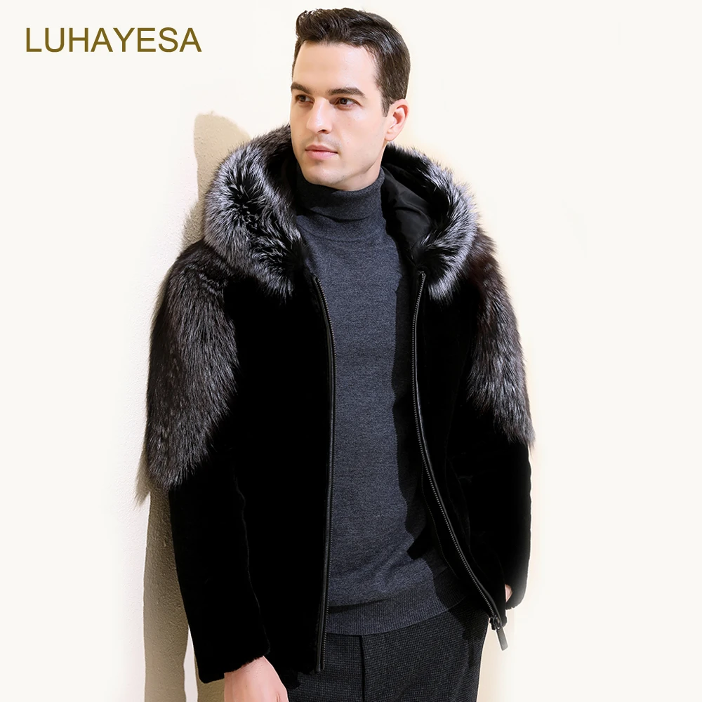 2021 роскошные мужские зимние шубы с капюшоном LUHAYESA из 100% натуральной овчины