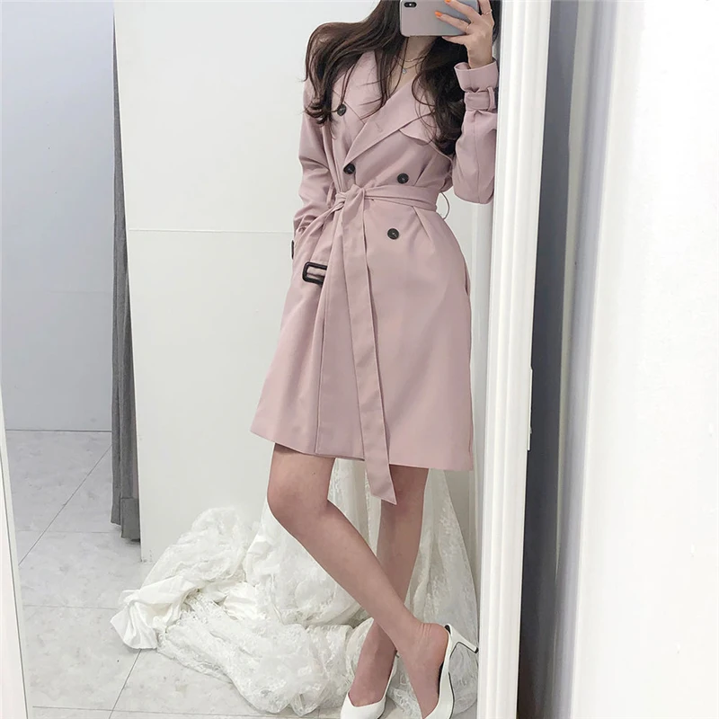 Весенне-осенний Женский Тренч средней длины трапециевидной формы с поясом цвета