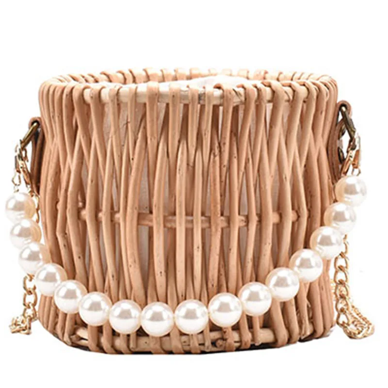 

Rattan Handmade pearl Totes for Women 2021 Summer Fashion Luxury Brand Trendy Shoulder Handbags Picnic Bucket Purses