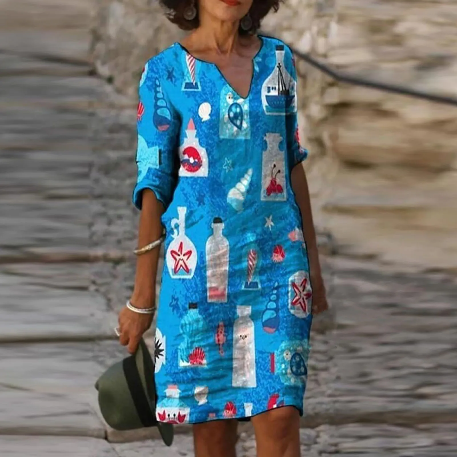 

Женское винтажное платье до колен, элегантное платье с цветочным принтом, V-образным вырезом и рукавом до локтя, повседневное Свободное плат...