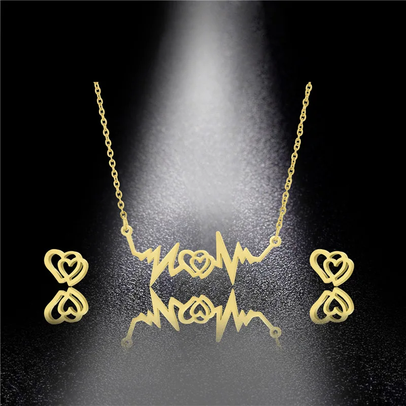 

Stainless Steel Heartbeat Gelectrocardiogram Double Two Hearts Pendant Chain Necklace Set Choker For Women Lightning Jewelry