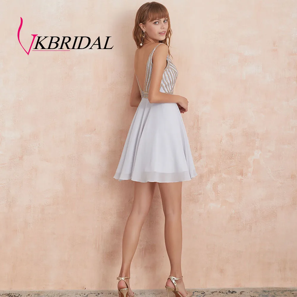 VKBRIDAL сексуальное короткое платье с v-образным вырезом для выпускного вечера Новое шифоновое бисерное милое платье с v-образным вырезом сзади