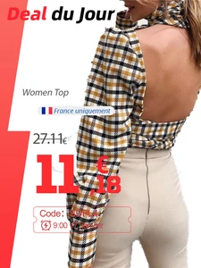 Блузка женская в клетку Articat, с открытой спиной, воротником-хомутом и длинными рукавами, на шнуровке, на лето